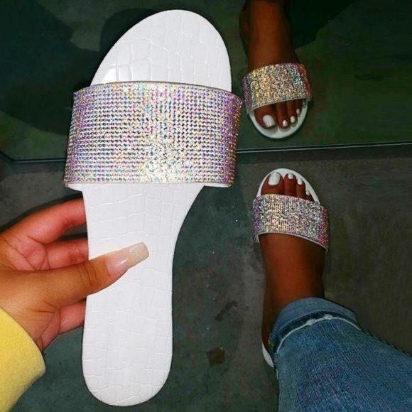White Patent Embellished Slides - Picture 5 of 5